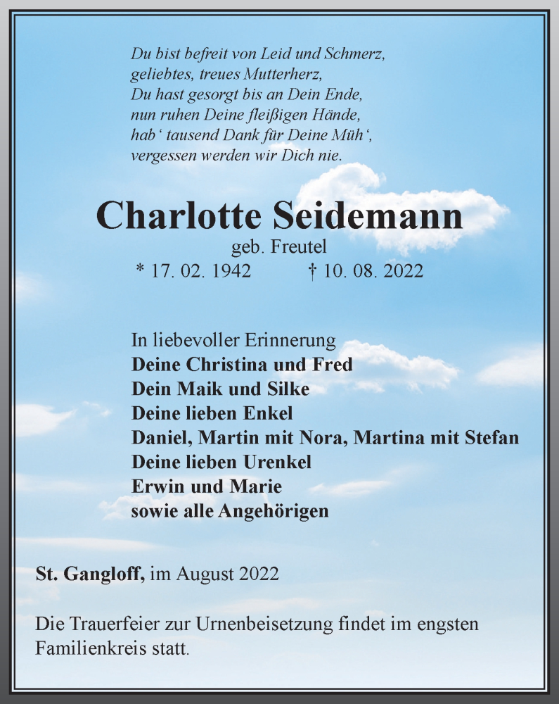  Traueranzeige für Charlotte Seidemann vom 17.08.2022 aus Ostthüringer Zeitung