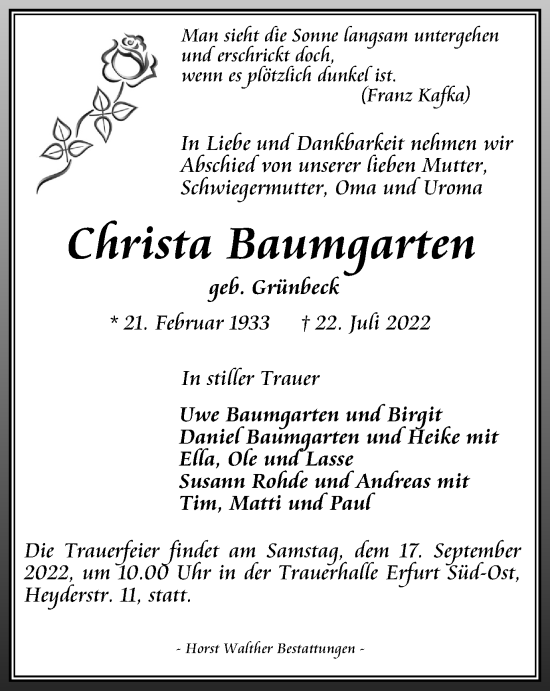 Traueranzeige von Christa Baumgarten