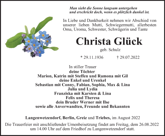 Traueranzeige von Christa Glück von Ostthüringer Zeitung