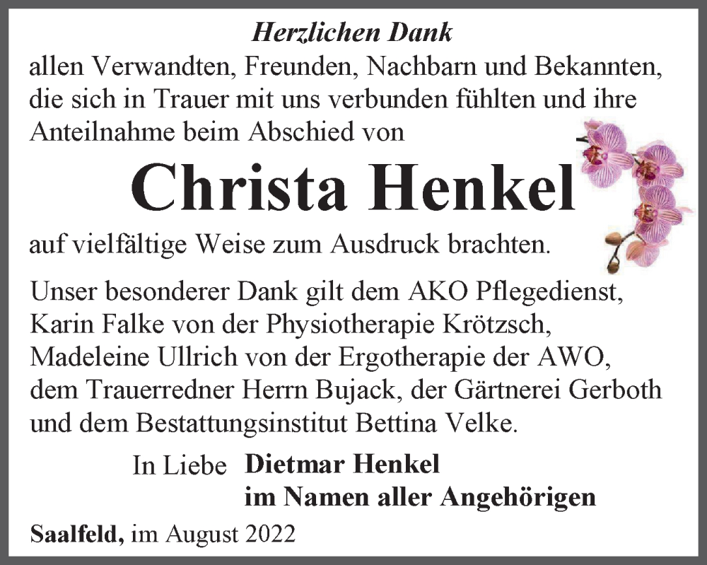  Traueranzeige für Christa Henkel vom 13.08.2022 aus Ostthüringer Zeitung