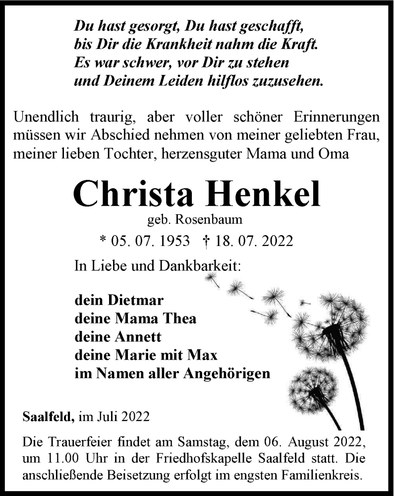  Traueranzeige für Christa Henkel vom 30.07.2022 aus Ostthüringer Zeitung