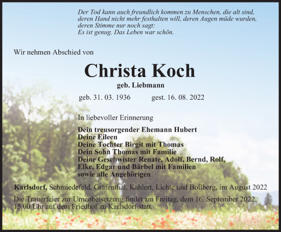 Traueranzeige von Christa Koch von Ostthüringer Zeitung