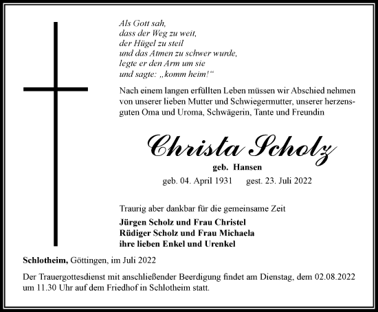 Traueranzeige von Christa Scholz von Thüringer Allgemeine, Thüringische Landeszeitung
