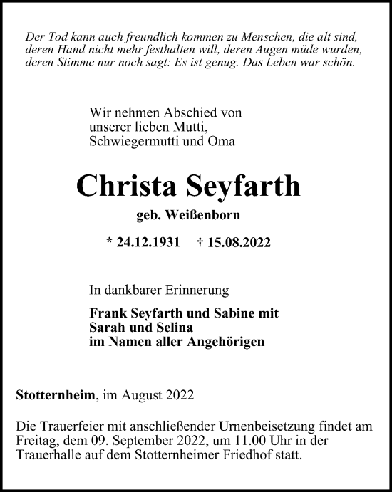 Traueranzeige von Christa Seyfarth von Thüringer Allgemeine, Thüringische Landeszeitung