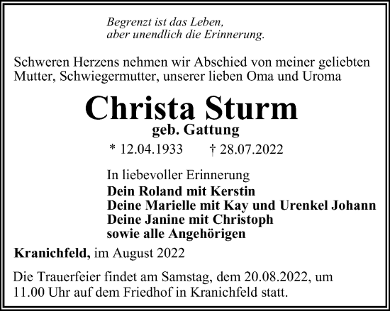 Traueranzeige von Christa Sturm von Thüringer Allgemeine, Thüringische Landeszeitung