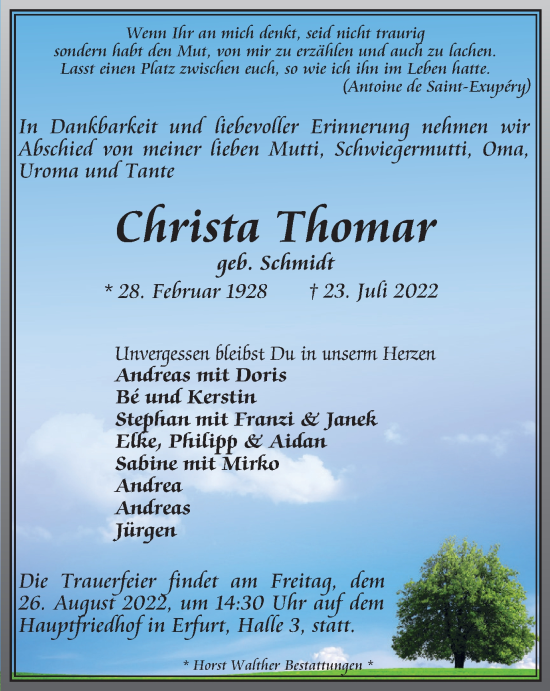 Traueranzeige von Christa Thomar