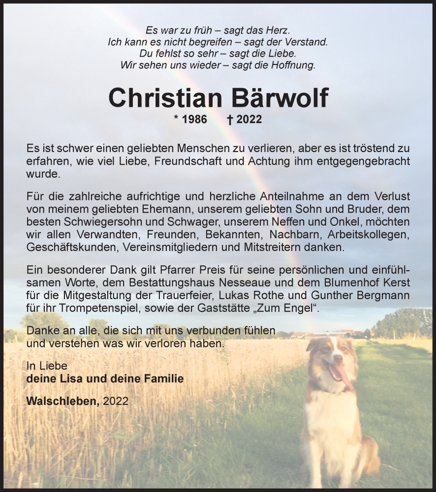  Traueranzeige für Christian Bärwolf vom 06.08.2022 aus Thüringer Allgemeine, Thüringische Landeszeitung
