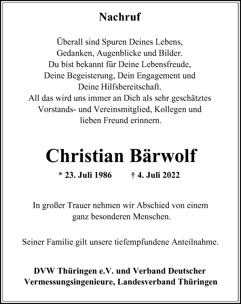  Traueranzeige für Christian Bärwolf vom 30.07.2022 aus Thüringer Allgemeine, Thüringische Landeszeitung