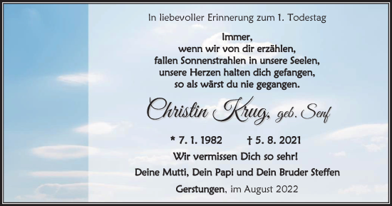 Traueranzeige von Christin Krug von Thüringer Allgemeine, Thüringische Landeszeitung