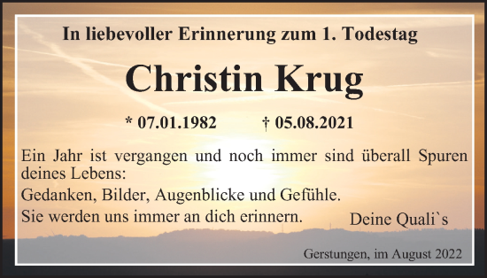 Traueranzeige von Christin Krug von Thüringer Allgemeine, Thüringische Landeszeitung