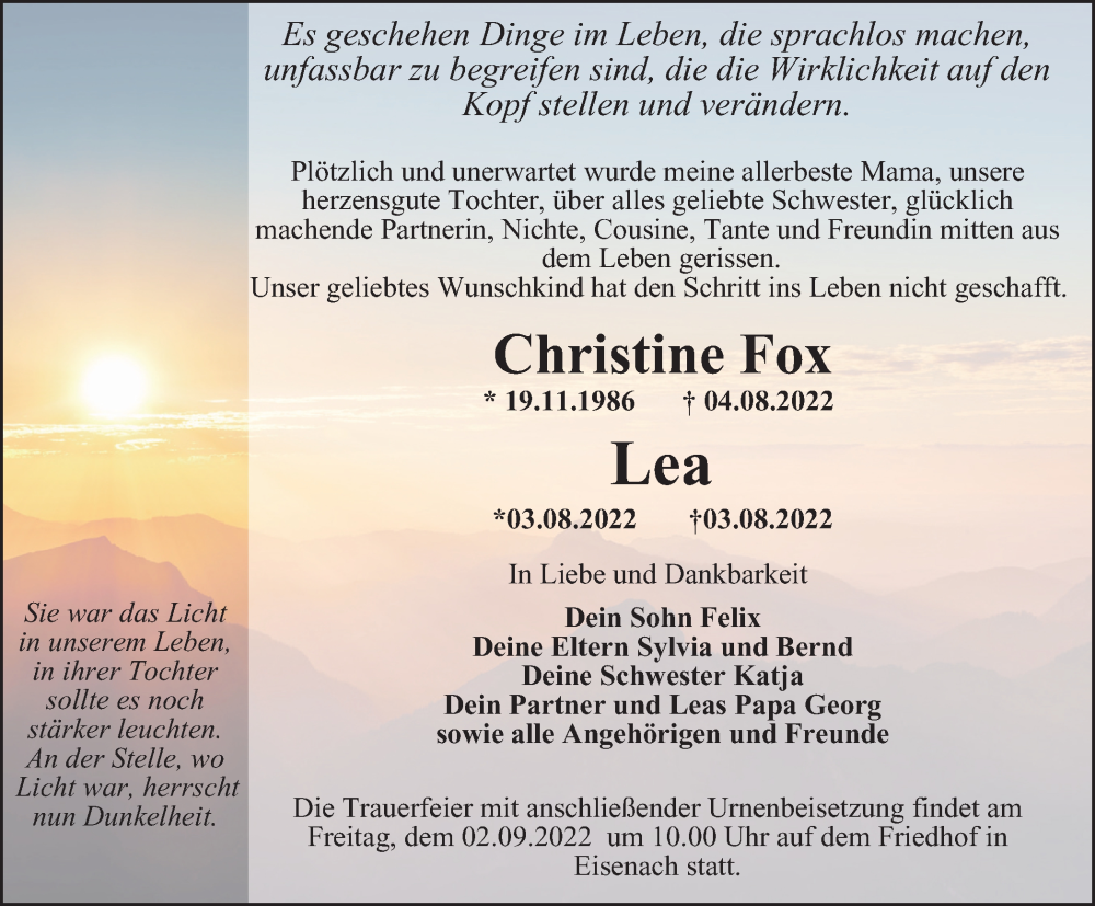  Traueranzeige für Christine und Lea Fox vom 25.08.2022 aus Thüringer Allgemeine, Thüringische Landeszeitung