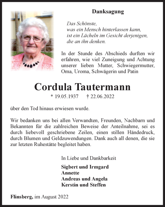 Traueranzeige von Cordula Tautermann von Thüringer Allgemeine