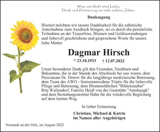 Traueranzeige von Dagmar Hirsch