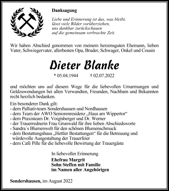 Traueranzeige von Dieter Blanke von Thüringer Allgemeine