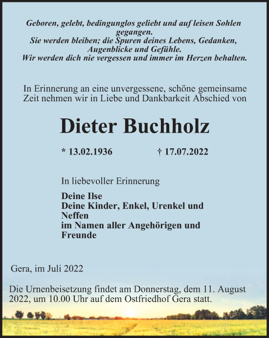 Traueranzeige von Dieter Buchholz von Ostthüringer Zeitung
