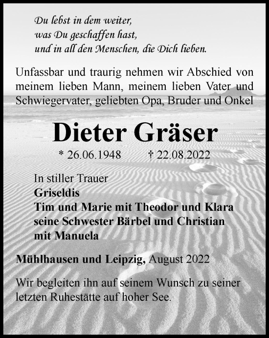 Traueranzeige von Dieter Gräser von Thüringer Allgemeine, Thüringische Landeszeitung