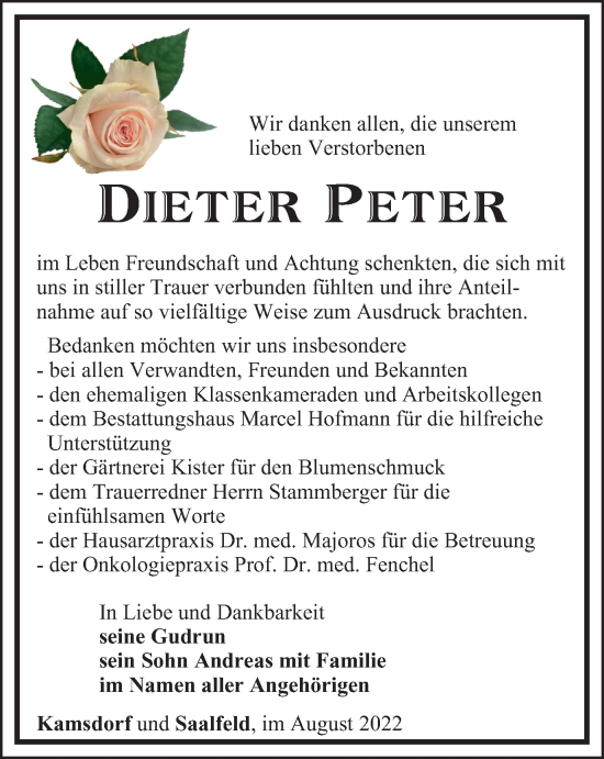 Traueranzeige von Dieter Peter von Ostthüringer Zeitung