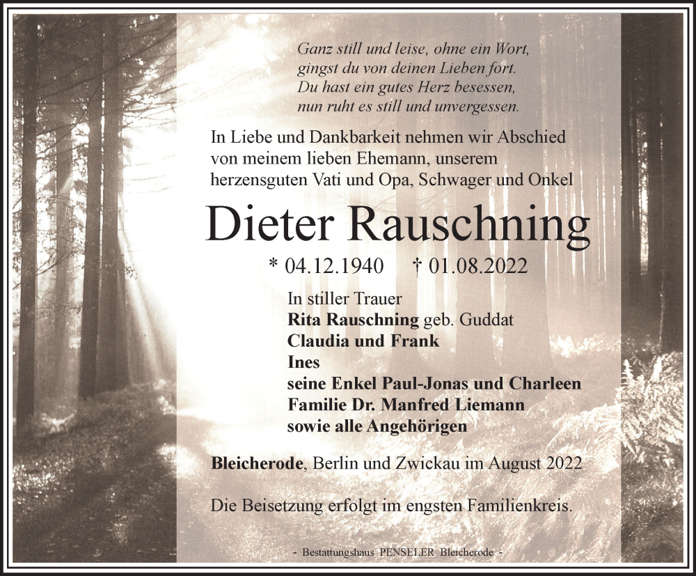  Traueranzeige für Dieter Rauschning vom 06.08.2022 aus Thüringer Allgemeine