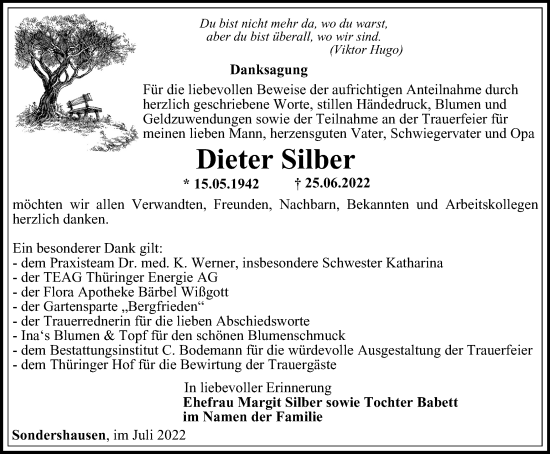 Traueranzeige von Dieter Silber von Thüringer Allgemeine