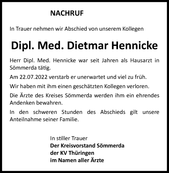 Traueranzeige von Dietmar Hennicke