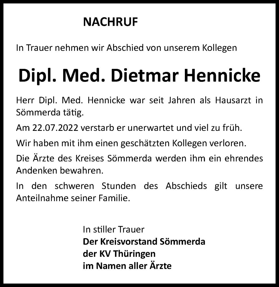  Traueranzeige für Dietmar Hennicke vom 06.08.2022 aus Thüringer Allgemeine