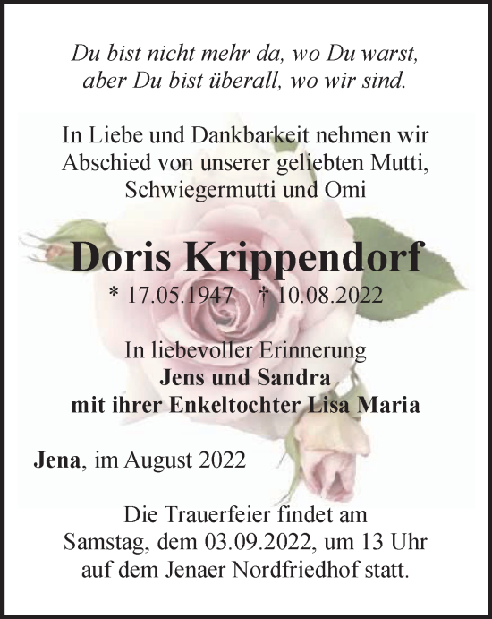 Traueranzeige von Doris Krippendorf von Ostthüringer Zeitung, Thüringische Landeszeitung