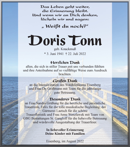 Traueranzeige von Doris Tonn von Ostthüringer Zeitung