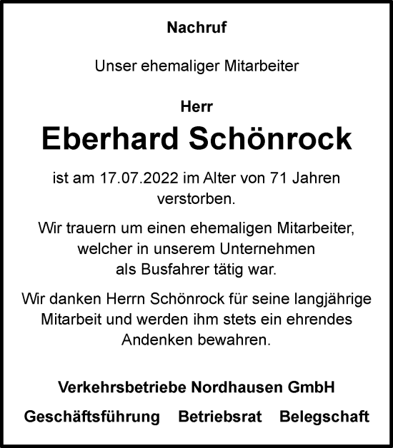Traueranzeige von Eberhard Schönrock von Thüringer Allgemeine