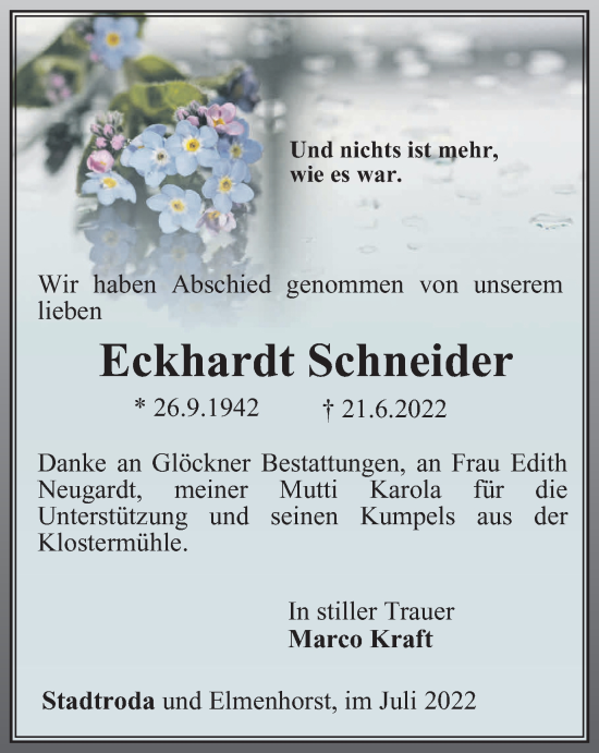 Traueranzeige von Eckhardt Schneider von Ostthüringer Zeitung