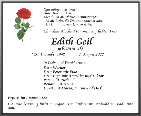 Traueranzeige von Edith Geil