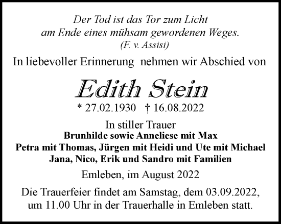 Traueranzeige von Edith Stein von Thüringer Allgemeine, Thüringische Landeszeitung