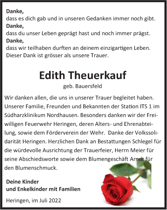 Traueranzeige von Edith Theuerkauf von Thüringer Allgemeine