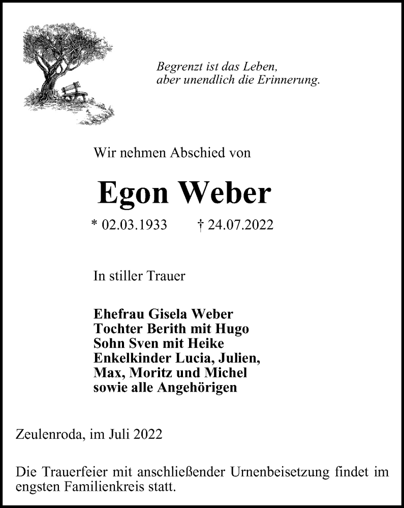  Traueranzeige für Egon Weber vom 30.07.2022 aus Ostthüringer Zeitung