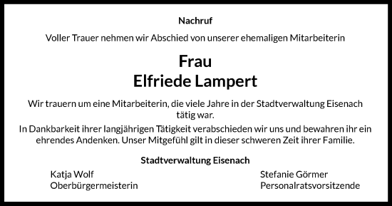 Traueranzeige von Elfriede Lampert von Thüringer Allgemeine, Thüringische Landeszeitung