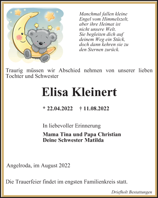 Traueranzeige von Elisa Kleinert von Thüringer Allgemeine