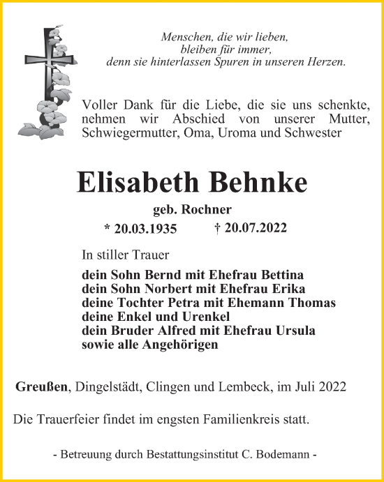 Traueranzeige von Elisabeth Behnke