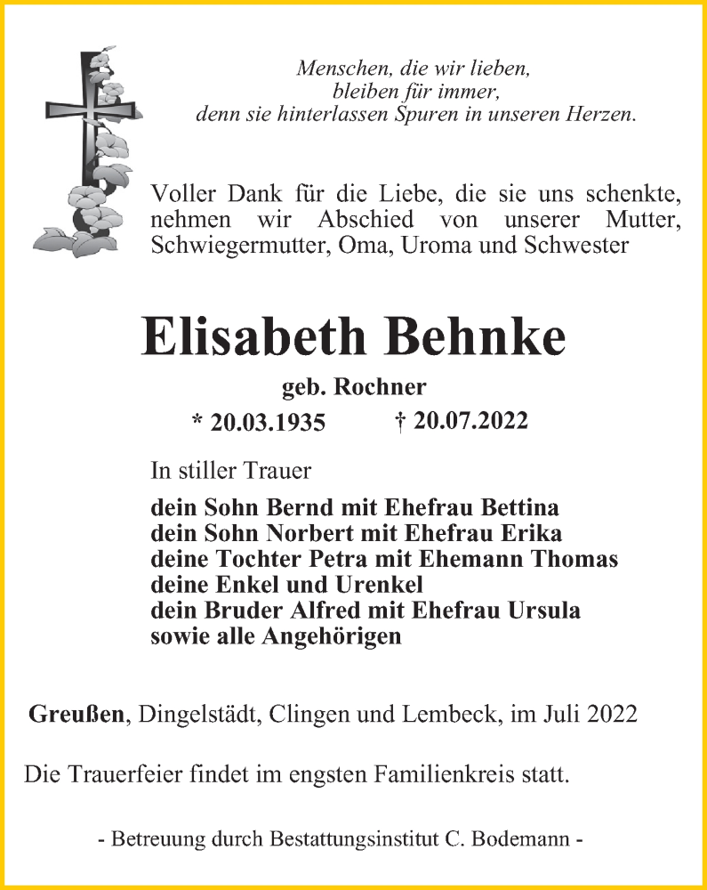  Traueranzeige für Elisabeth Behnke vom 30.07.2022 aus Thüringer Allgemeine