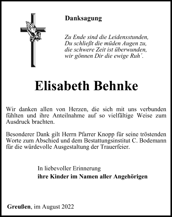 Traueranzeige von Elisabeth Behnke