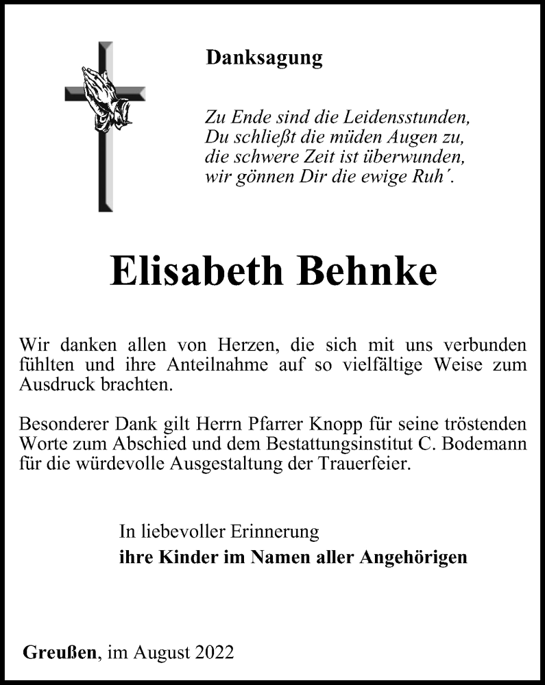  Traueranzeige für Elisabeth Behnke vom 20.08.2022 aus Thüringer Allgemeine