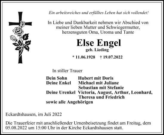Traueranzeige von Else Engel von Thüringer Allgemeine, Thüringische Landeszeitung