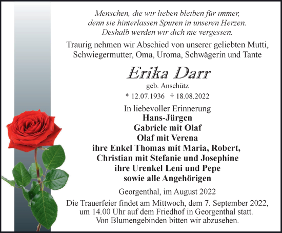 Traueranzeige von Erika Darr von Thüringer Allgemeine, Thüringische Landeszeitung