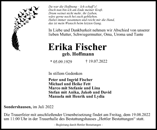 Traueranzeige von Erika Fischer von Thüringer Allgemeine
