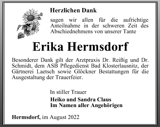 Traueranzeige von Erika Hermsdorf von Ostthüringer Zeitung