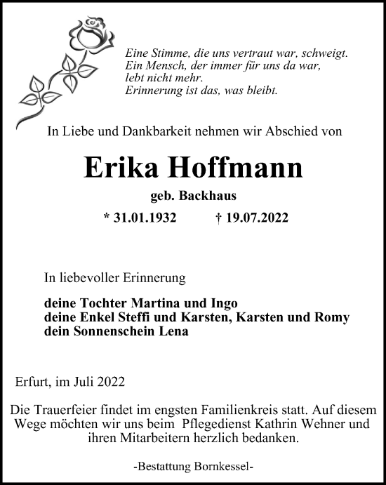 Traueranzeige von Erika Hoffmann von Thüringer Allgemeine, Thüringische Landeszeitung