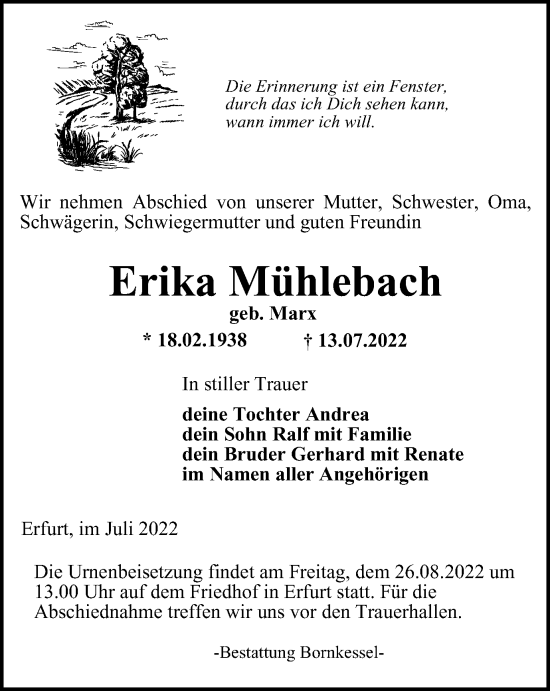 Traueranzeige von Erika Mühlebach von Thüringer Allgemeine, Thüringische Landeszeitung