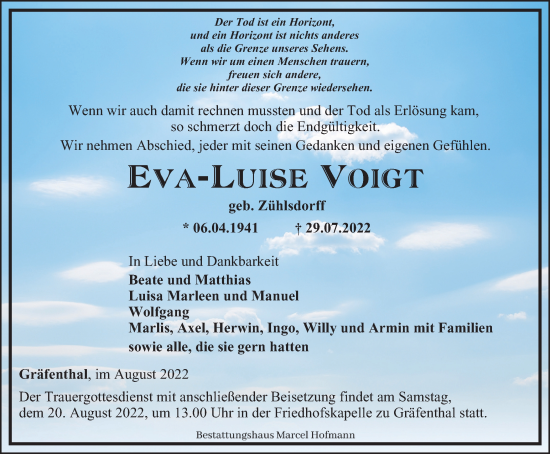 Traueranzeige von Eva-Luise Voigt von Ostthüringer Zeitung