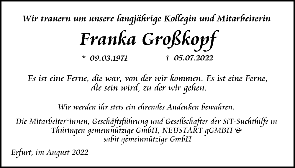  Traueranzeige für Franka Großkopf vom 13.08.2022 aus Thüringer Allgemeine, Thüringische Landeszeitung