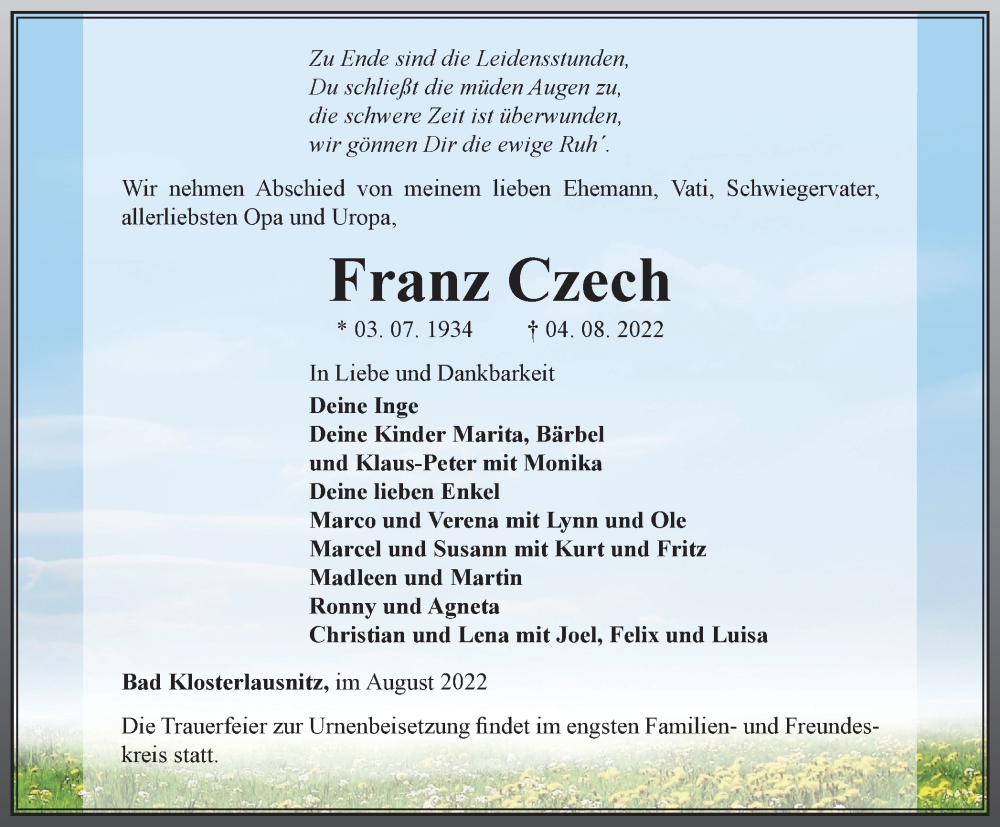  Traueranzeige für Franz Czech vom 13.08.2022 aus Ostthüringer Zeitung