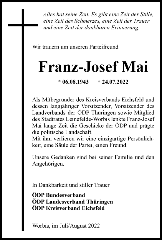 Traueranzeige von Franz-Josef Mai von Thüringer Allgemeine