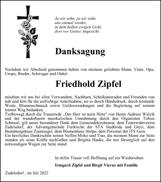 Traueranzeige von Friedhold Zipfel von Ostthüringer Zeitung